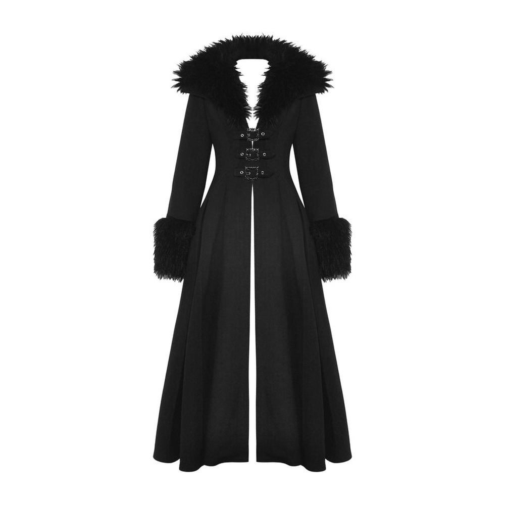 Dark in Love - Gothic fur neck and sleeves woolen maxi Coat - Black